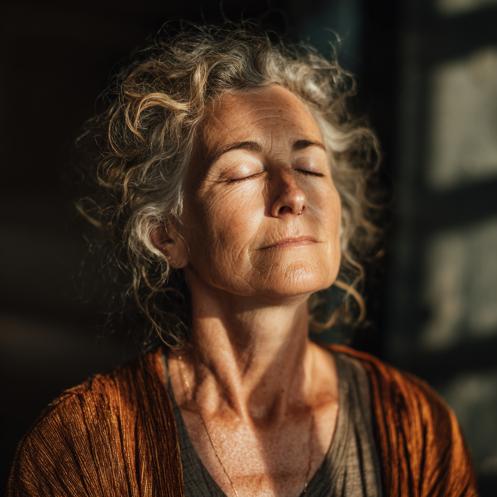 Femeie în vârstă de 52 de ani în poziție de meditație cu ochii închiși, într-un spațiu liniștit cu lumină naturală