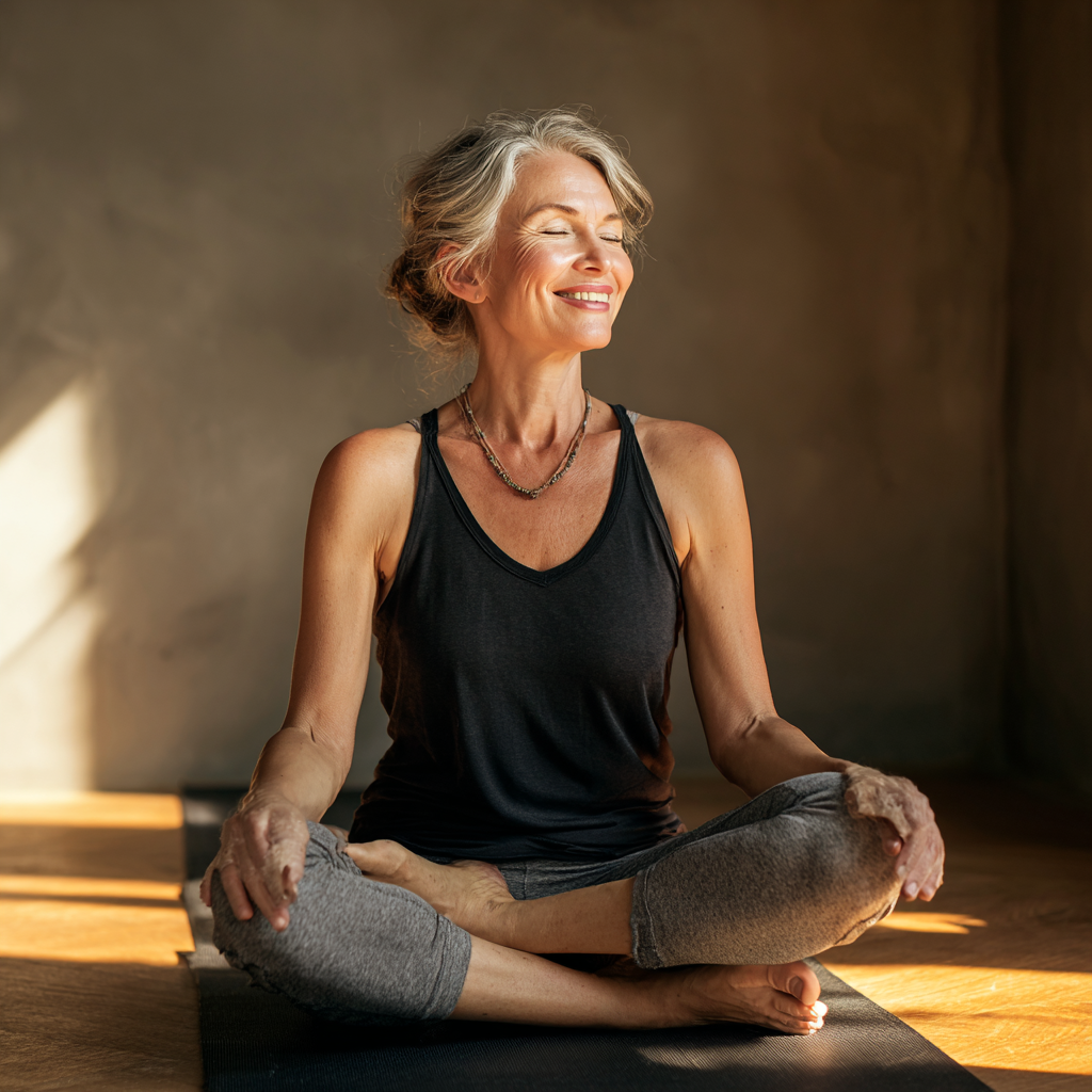 Femeie în vârstă de 55 de ani practicând yoga pe saltea în poziție ușoară de meditație, zâmbind liniștit
