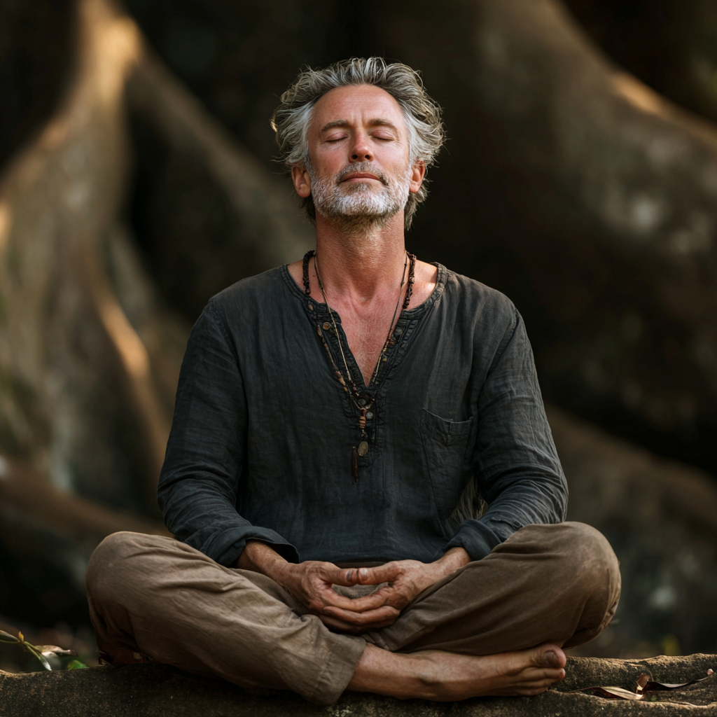Bărbat în vârstă de 58 de ani stând în poziție de meditație într-un cadru natural, cu ochii închiși și expresie liniștită